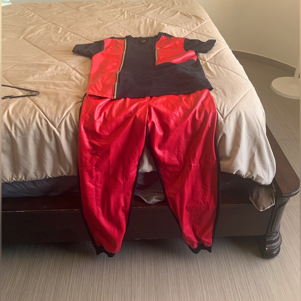 Show stopping red and black suede suit!